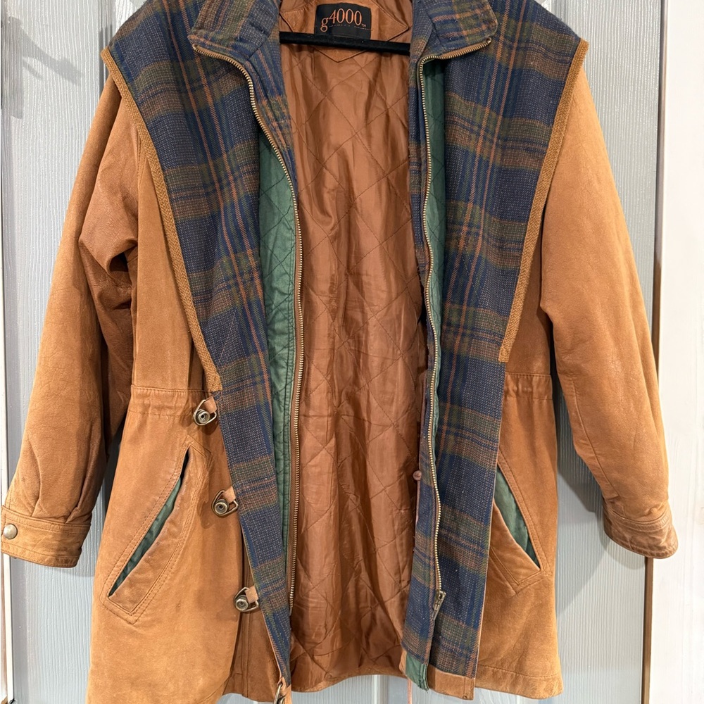Brown and Blue Plaid Women's Leather Jacket - Picture 3 of 5